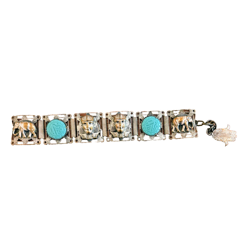 Vintage Egyptian Revival Panel Bracelet Silver Tone Scarabs Pharoah Elephants - Picture 2 of 13